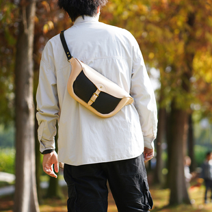 大号手缝植鞣牛皮真皮胸包单肩斜挎简约腰包 拼色 切線派