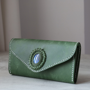 手拿包 钱包 绿色 女士手工真皮风琴长款 天使之眼