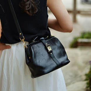 软皮 医生包手工复古手提口金包真皮斜挎包大号黑色