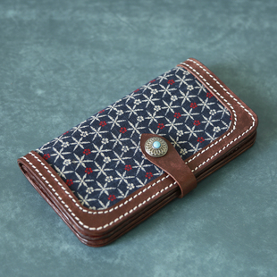 日式 菱花 拼布 头层牛皮 钱夹真皮收纳钱包 纯手工长款 切線派