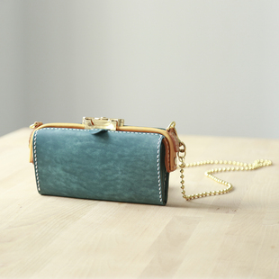 头层牛皮 杜勒斯口金钱包长夹斜挎包 纯手工手拿包 切線派