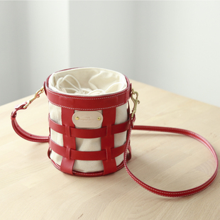 Ways 手工手缝植鞣皮革编织背包桶包女士包包 帆布遇上皮革