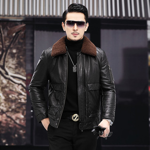 头层牛皮白鹅绒男士夹克短款修身毛领加厚保暖真皮外套羽绒服皮衣