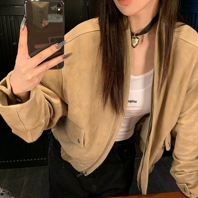 老钱风反绒头层山羊皮休闲外套女