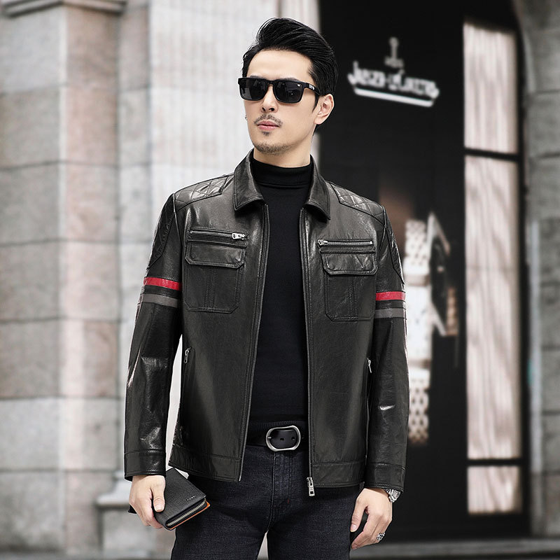 薄款男士皮夹克单装山羊皮翻领青年时尚休闲多口袋机车春秋皮