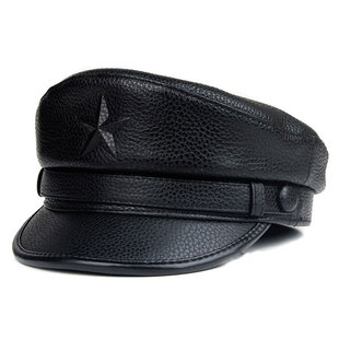 韩版 保暖牛皮帽子中老年户外五角星真皮平顶海军帽 皮帽子男秋冬季