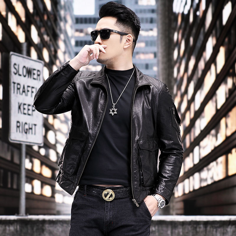 男士新款油蜡小牛皮真皮皮衣翻领机车休闲皮夹克秋季单装薄款