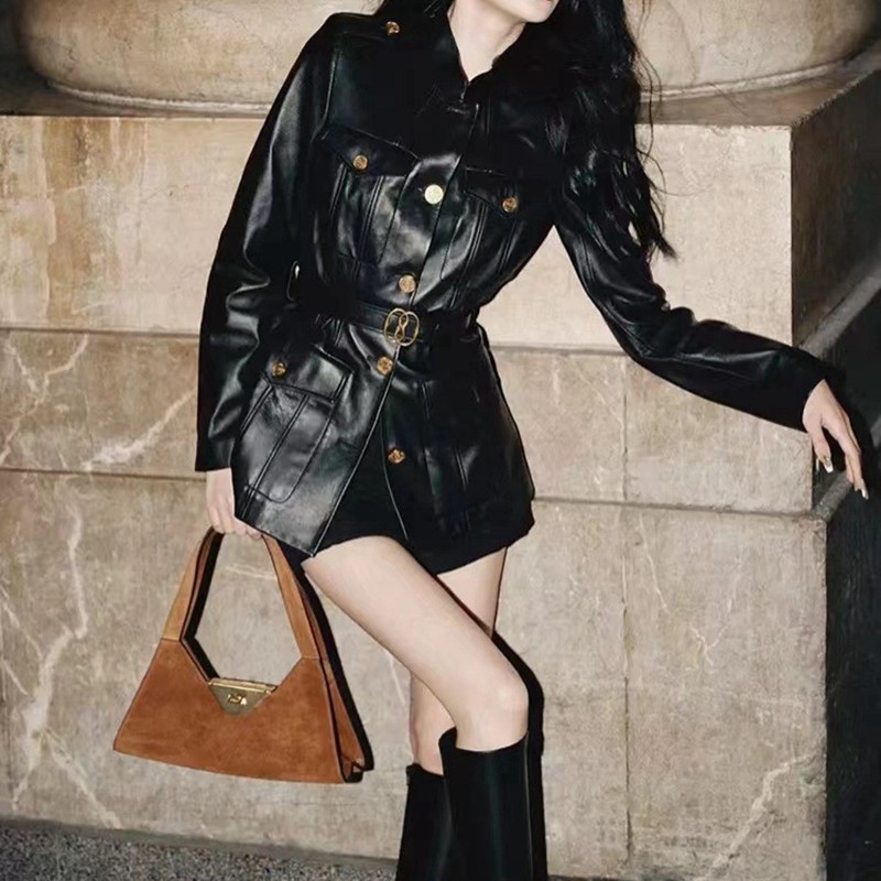 中长款皮衣外套立领高级修身收腰