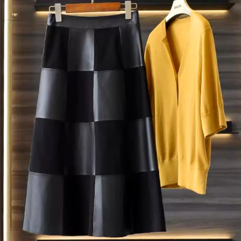 羊皮拼接反绒法式优雅半身裙