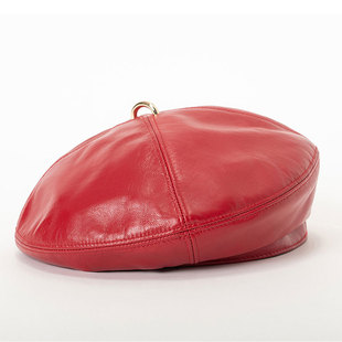 复古头层羊皮贝雷帽女四季款保暖无檐圆顶画家帽韩版真皮帽子红色