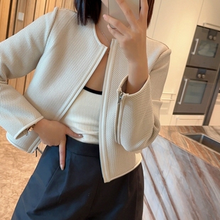 小香风重工编织真皮短款外套女士修身圆领百搭绵羊皮文艺皮衣白色