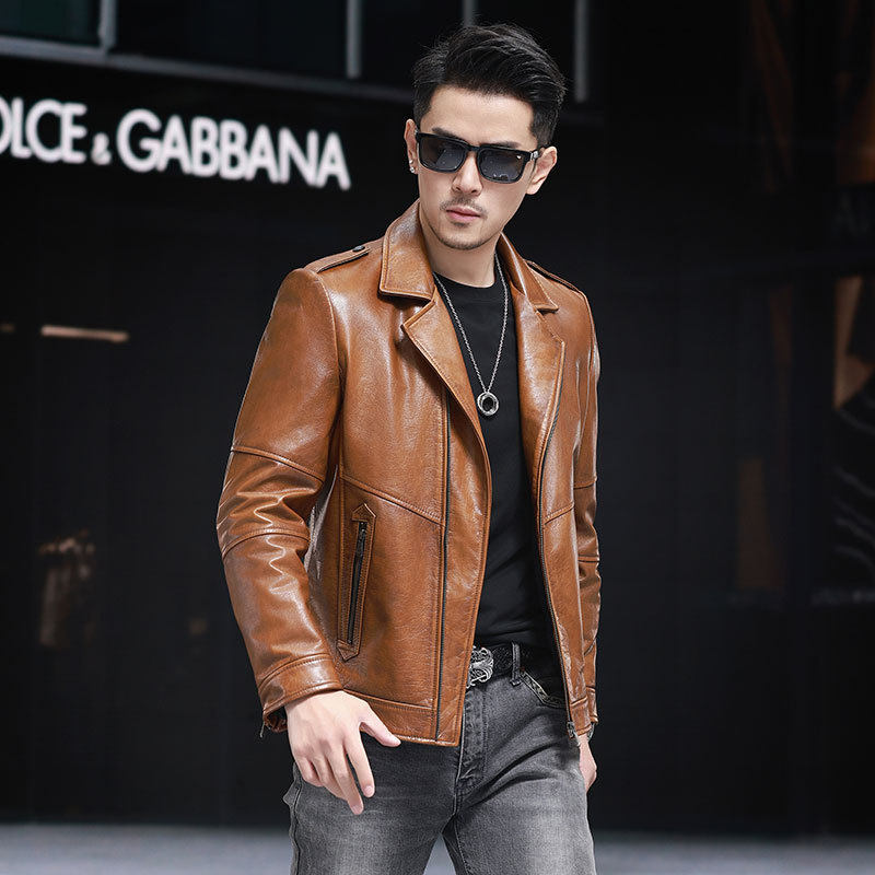 韩版潮牌真皮机车短款外套男士西装领头层小牛皮修身夹克单款皮衣