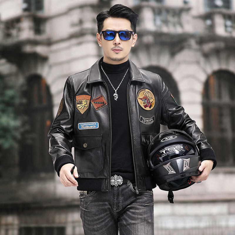 酷帅潮男山羊皮机车皮衣短款哈雷服复古翻领贴标真皮夹克整皮外套