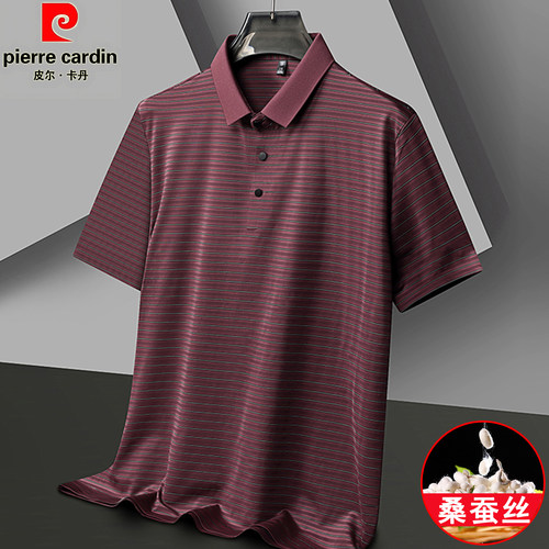 皮尔卡丹蚕丝短袖t恤条纹POLO衫