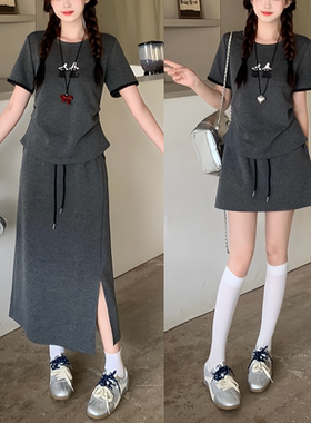 夏装大码女休闲刺绣短袖T恤长短款半身裙套装22189短款+22116长款