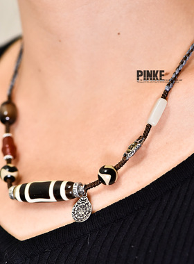 【天禄】藏传天珠锁骨链男牙黄风化项链女手工编绳包浆玛瑙吊坠