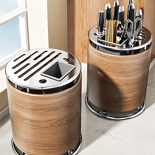 2026新款木纹中古风厨房刀架置物架台面可旋转菜刀具筷子笼一体架