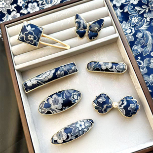 新中式宋锦发夹青花瓷系列手工发饰古风汉服配饰弹簧夹边夹胸针