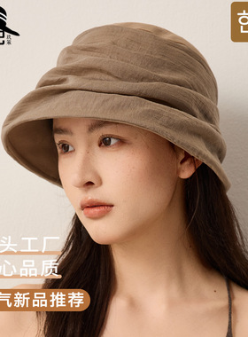 2026韩高品质复古棉麻渔夫帽时尚百搭慵懒风褶皱拼接遮阳防晒盆帽