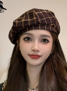 英伦复古格子贝雷帽子秋冬新款韩版休闲画家帽女简约毛呢蓓蕾帽潮