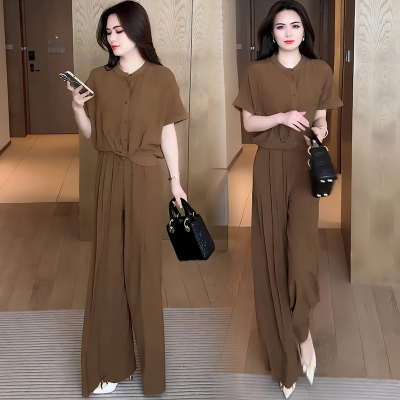 短袖天丝时尚套装女中年妈妈夏装新款贵夫人气质休闲阔腿裤两件套