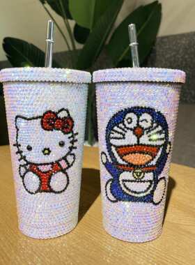 红色字母吸管杯子闪亮手工贴钻水杯304不锈钢吸管杯咖啡杯太空杯