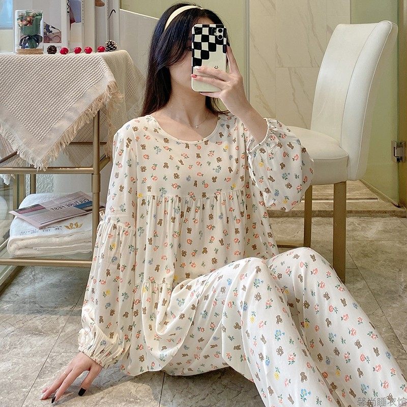 春秋睡衣女夏季纯棉绸薄款长袖韩版宽松薄款绵绸可外穿家居服套装