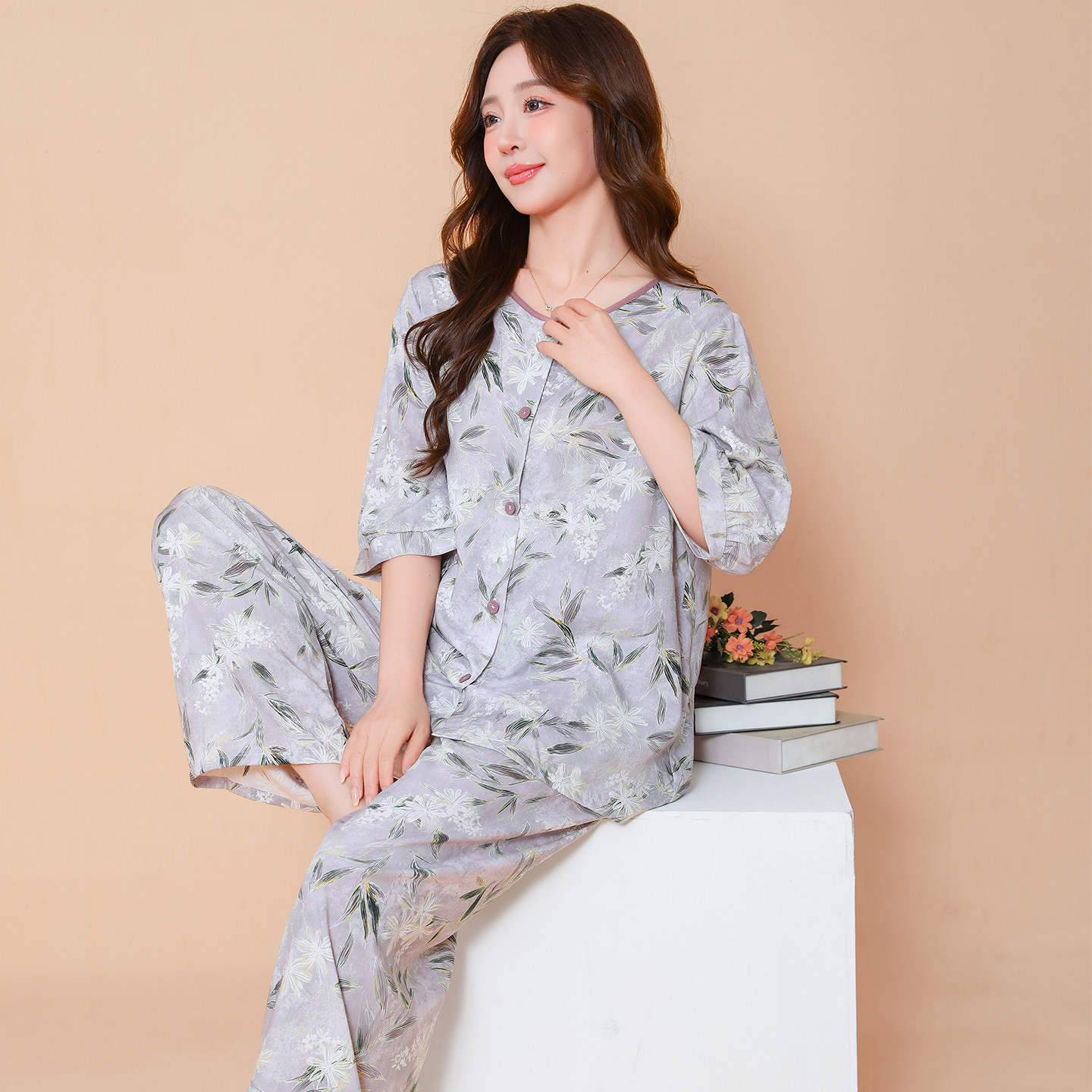 中老年睡衣女夏中袖纯棉绸薄款妈妈时尚女装绵绸可外穿家居服套装