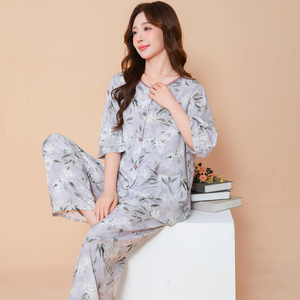 中老年睡衣女夏中袖纯棉绸薄款妈妈时尚女装绵绸可外穿家居服套装