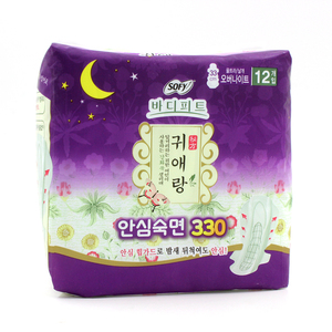 韩国进口LG贵爱娘中草药草本姨妈卫生巾大号棉柔去味夜用33CM