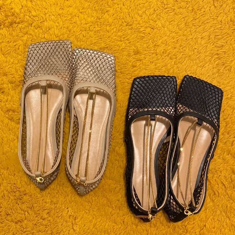 欧美小众设计链条网面镂空方头浅口单鞋女夏季新款玛丽珍平底凉鞋