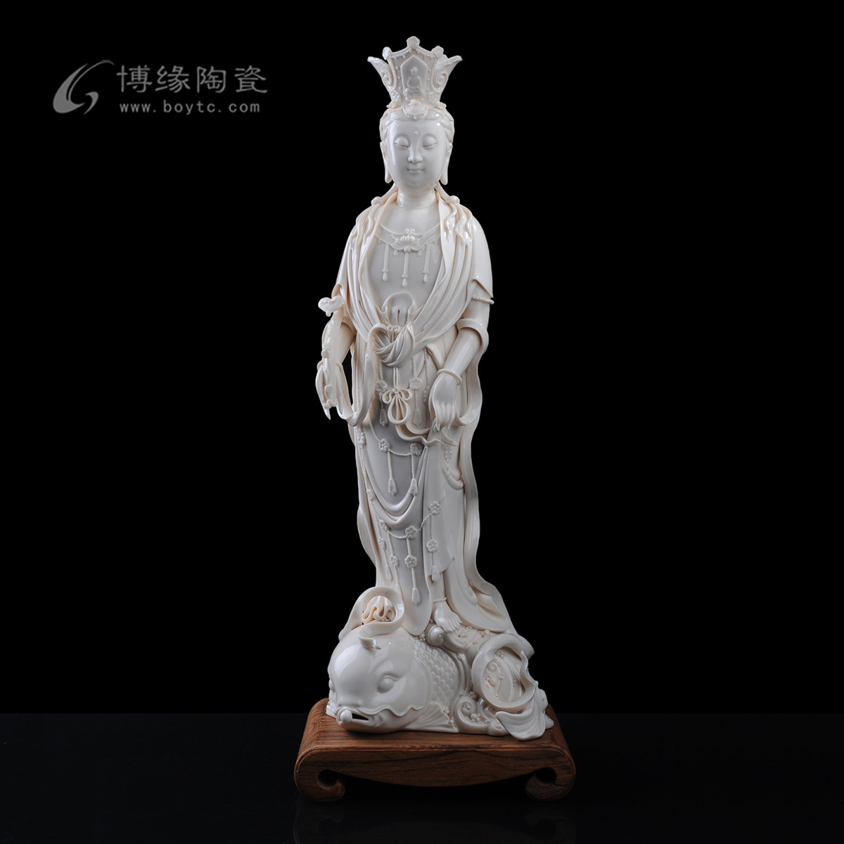 戴冠观音立鳌鱼如意德化白瓷陶瓷观音菩萨大号站立林吉祥佛像摆件