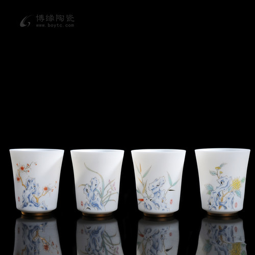 梅兰竹菊描金薄胎羊脂玉瓷茶杯主人杯品茗高雅礼品金足德化白瓷杯