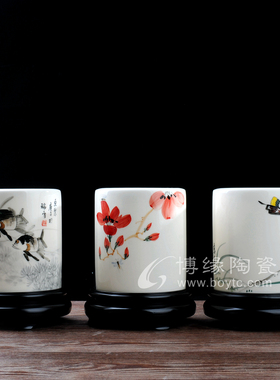 手绘笔筒德化白瓷陶瓷办公室家居书房笔筒礼品送领导同事中号笔筒