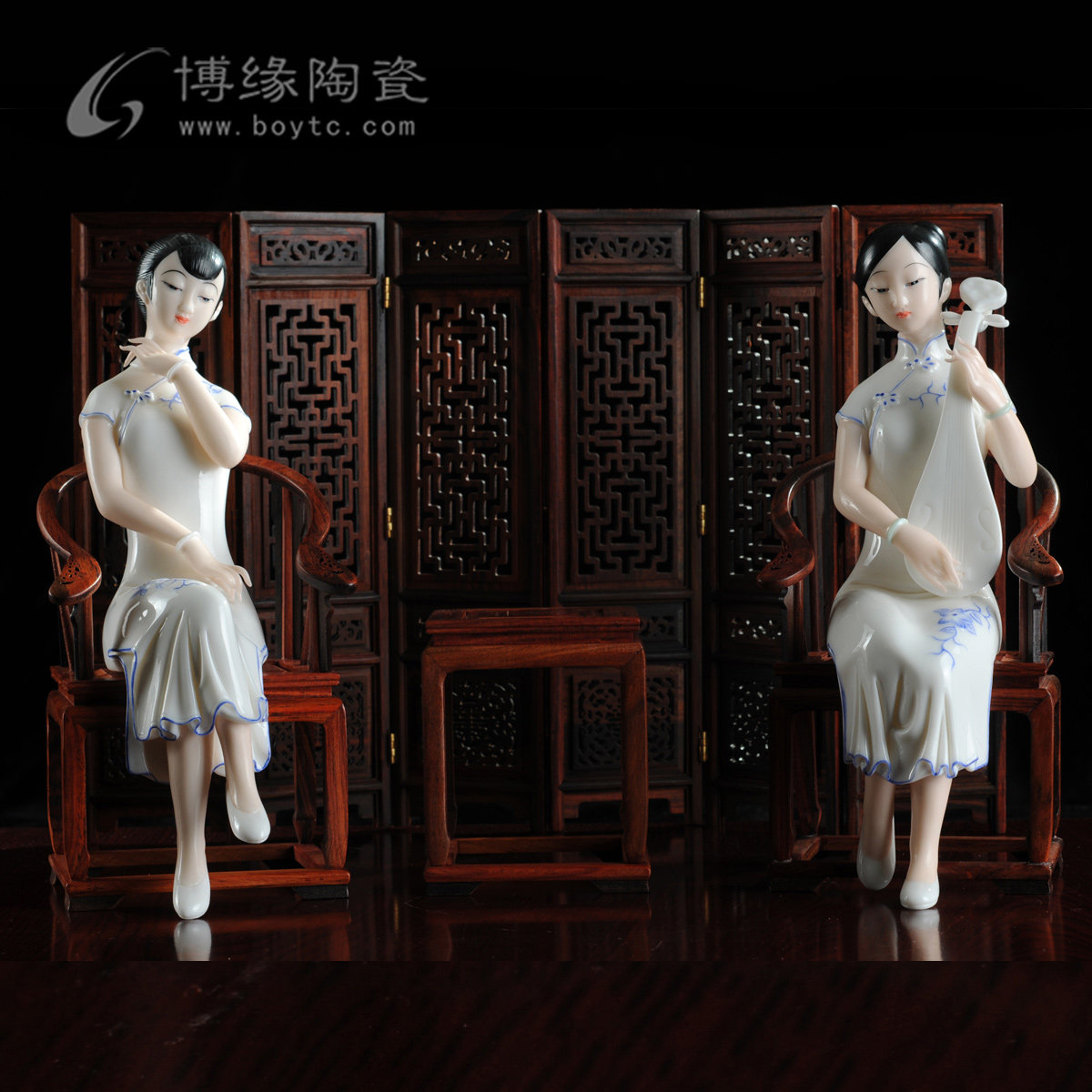 梦江南 德化陶瓷青花古典仕女美女人物雕塑 弹奏乐器家居礼品摆件