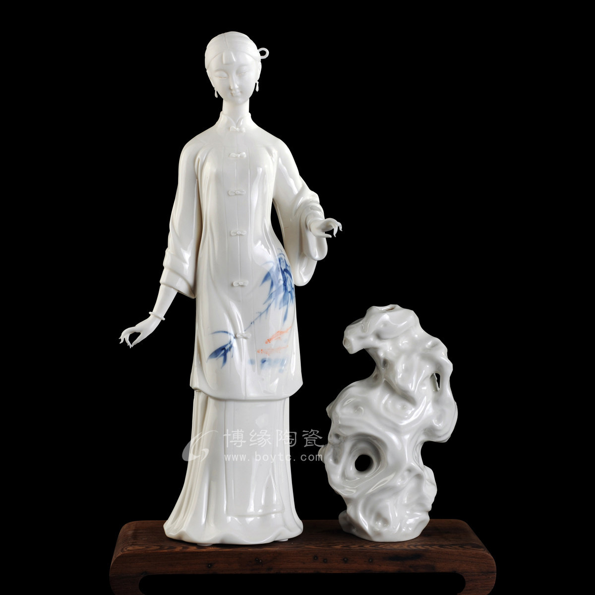 竹语 德化陶瓷中式古典仕女美女人物太湖石雕塑家居办公工艺摆件