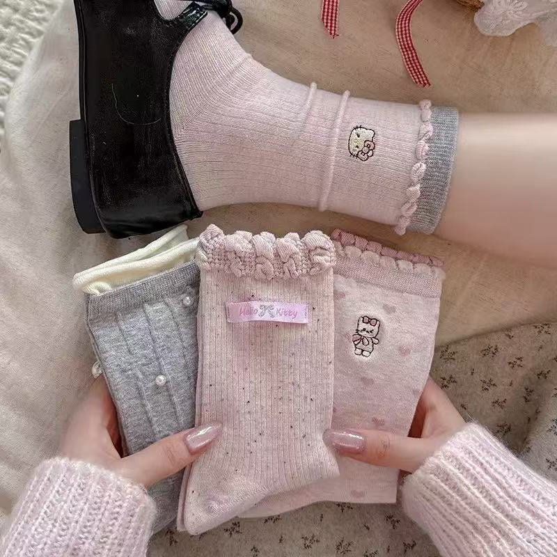 6531粉色袜子女韩系秋冬蝴蝶结花边卡通刺绣猫咪堆堆袜无骨长袜