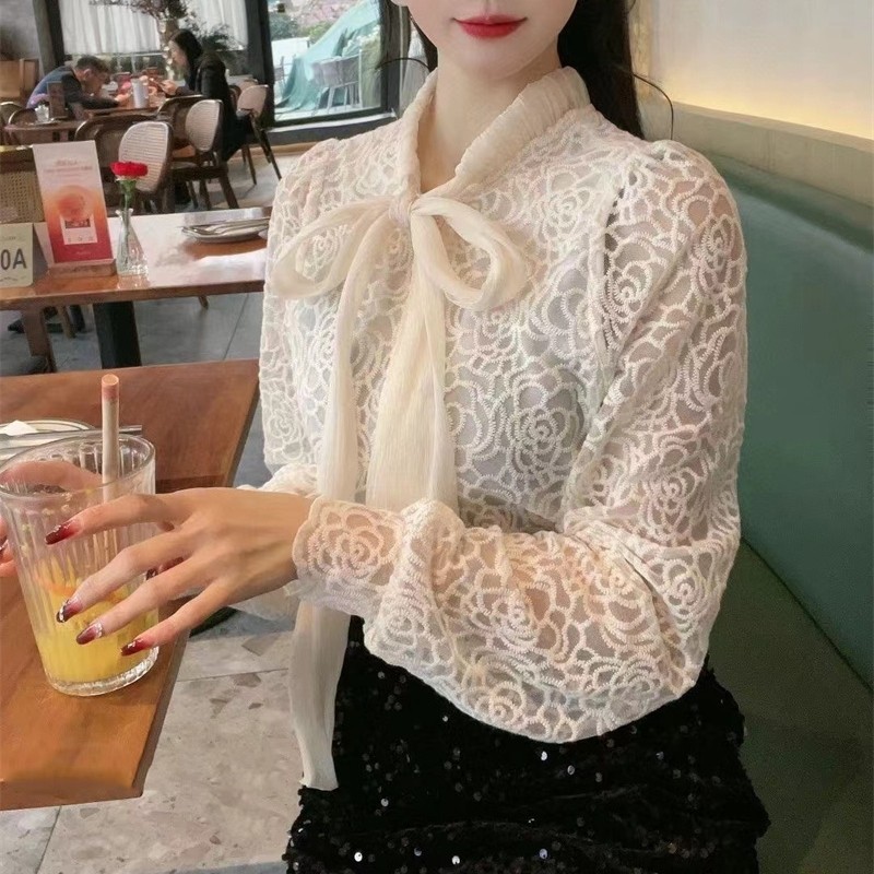 4081蕾丝钩花系带衬衫春季新款女装韩版时尚减龄花边袖小衫衬衣