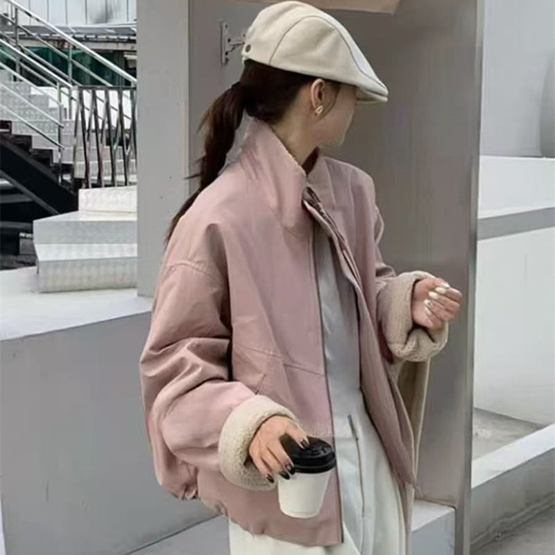 5848羊羔毛拼接棉服秋冬新款女装韩版时尚拉链保暖棉衣外套