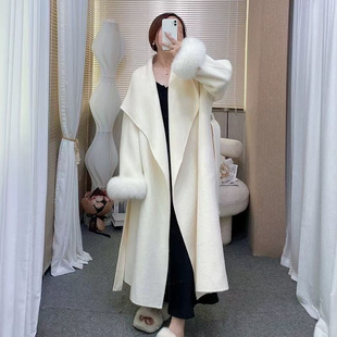 4905中长款狐狸袖毛双面呢春秋女装新款韩版时尚系带羊毛气质大衣