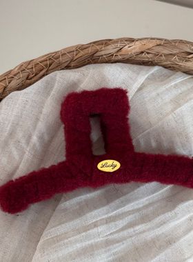 新年红色抓夹女后脑勺毛呢一字鲨鱼夹半扎发抓BB夹高级感头饰发饰