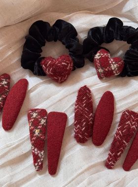 新年红色格纹布艺发夹侧边高级感碎发刘海夹一字头发夹子