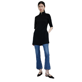 无有无印黑色亲肤醋酸混纺五分袖时髦开叉韵味旗袍连衣裙23222