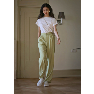 子23250 裤 无有无印时髦绿色显瘦薄款 休闲直筒宽松高腰阔腿裤