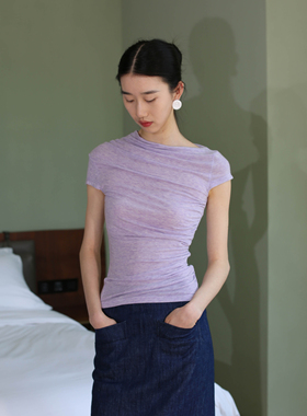 无有无印淡紫色针织弹力修身短袖舒适透气上衣T25091