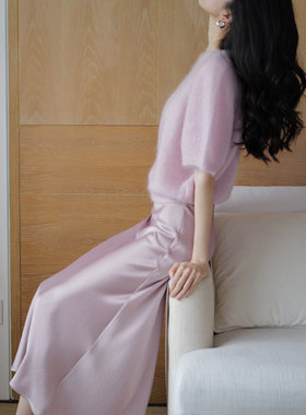 无有无印粉色马海毛圆领五分袖宽松仙气毛衣M25167