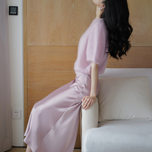 无有无印粉色马海毛圆领五分袖 宽松仙气毛衣M25167