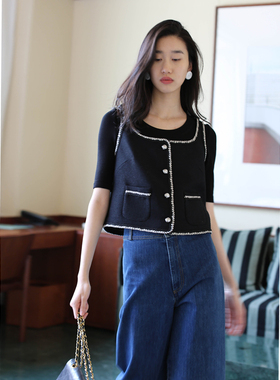 无有无印黑色羊毛混纺U领单排扣拼接花边马甲24167