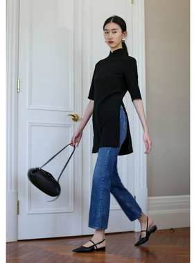 无有无印黑色亲肤醋酸混纺五分袖时髦开叉韵味旗袍连衣裙23222