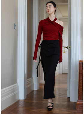 无有无印红色长袖斜领两种穿法优雅知性针织衫23374